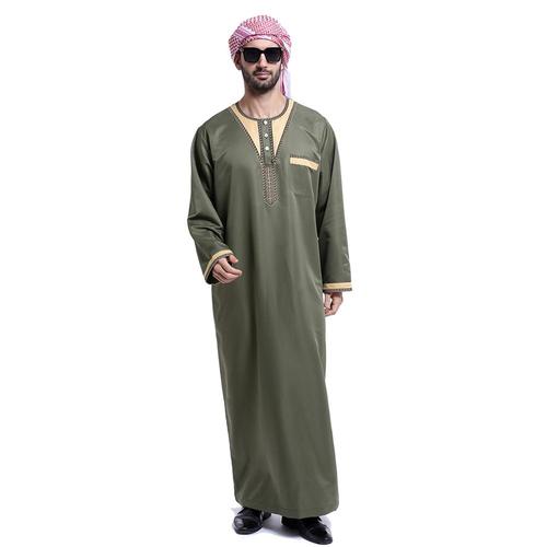 绣花男士长袍,圆领和长袖阿拉伯伊斯兰穆斯林男士服装 dishdasha 迪拜